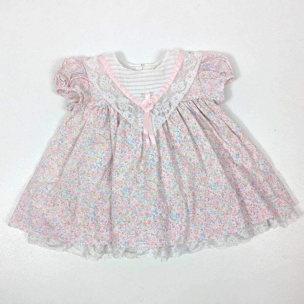 Vintage Ci Castro Co Dress Baby Girls Size 12m Pink Floral Bib Party